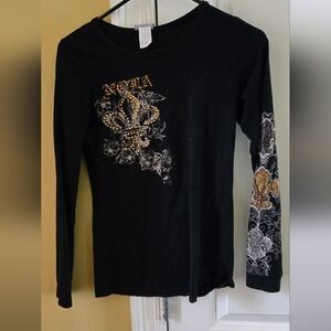 NOLA Womens Black and Gold Embellished Long Studded Fleur De Lis One Sleeve Tee